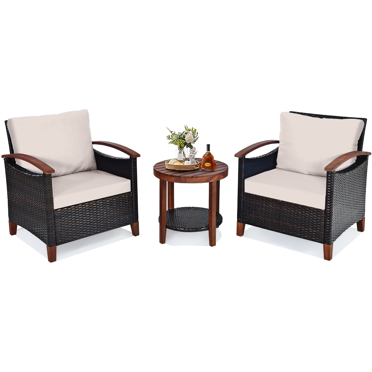 3 Pieces Patio Wicker Furniture Set Acacia Wood Tabletop-fully assembled beige or turquoise cushions