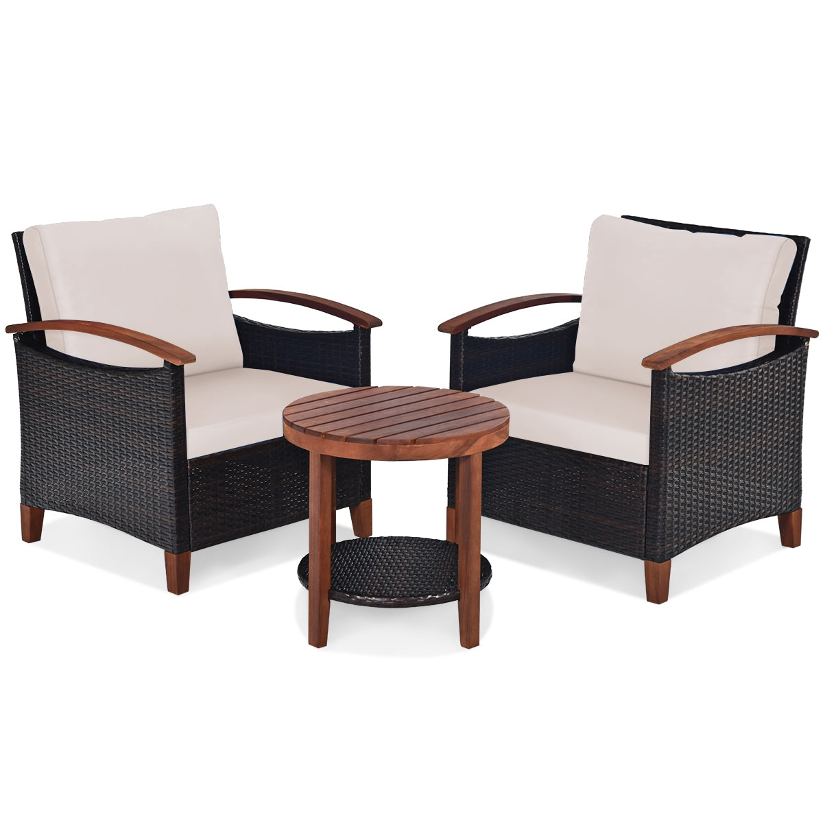 3 Pieces Patio Wicker Furniture Set Acacia Wood Tabletop-fully assembled beige or turquoise cushions