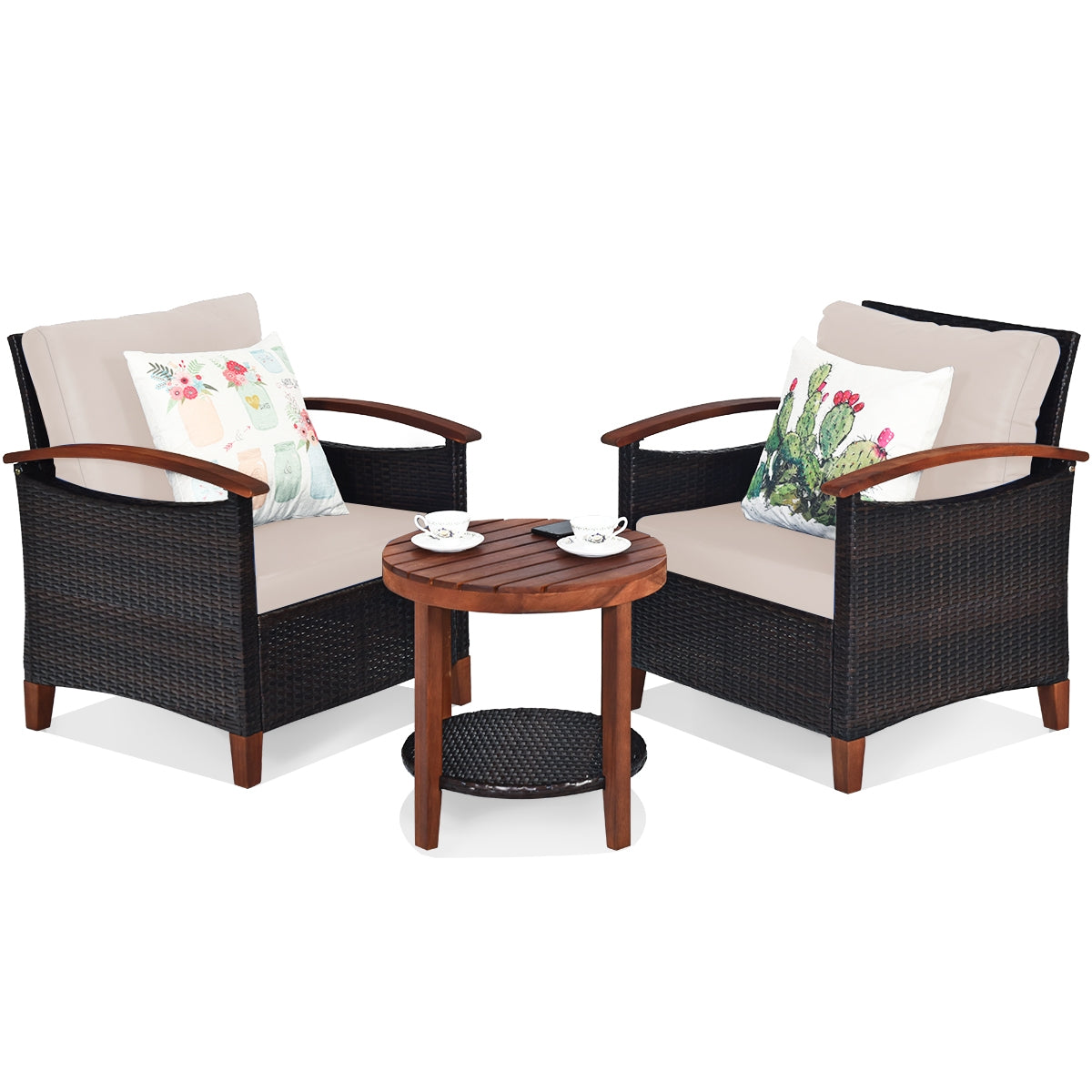 3 Pieces Patio Wicker Furniture Set Acacia Wood Tabletop-fully assembled beige or turquoise cushions