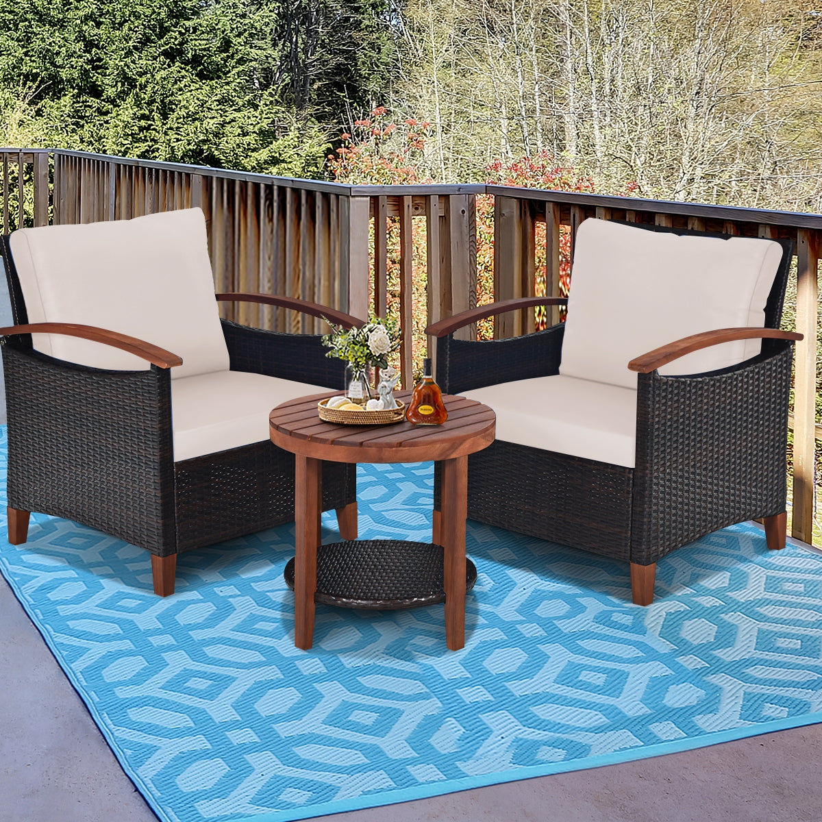 3 Pieces Patio Wicker Furniture Set Acacia Wood Tabletop-fully assembled beige or turquoise cushions