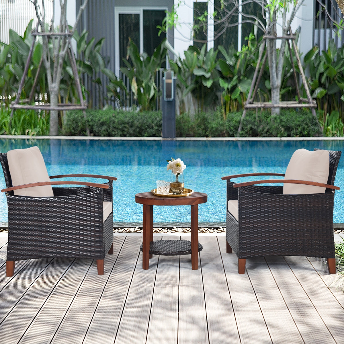 3 Pieces Patio Wicker Furniture Set Acacia Wood Tabletop-fully assembled beige or turquoise cushions
