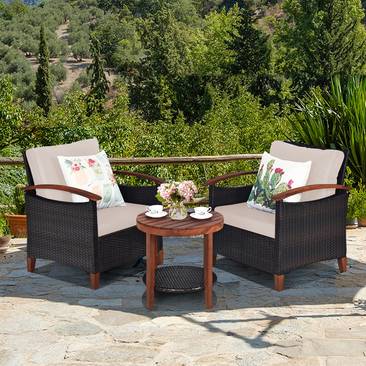 3 Pieces Patio Wicker Furniture Set Acacia Wood Tabletop-fully assembled beige or turquoise cushions