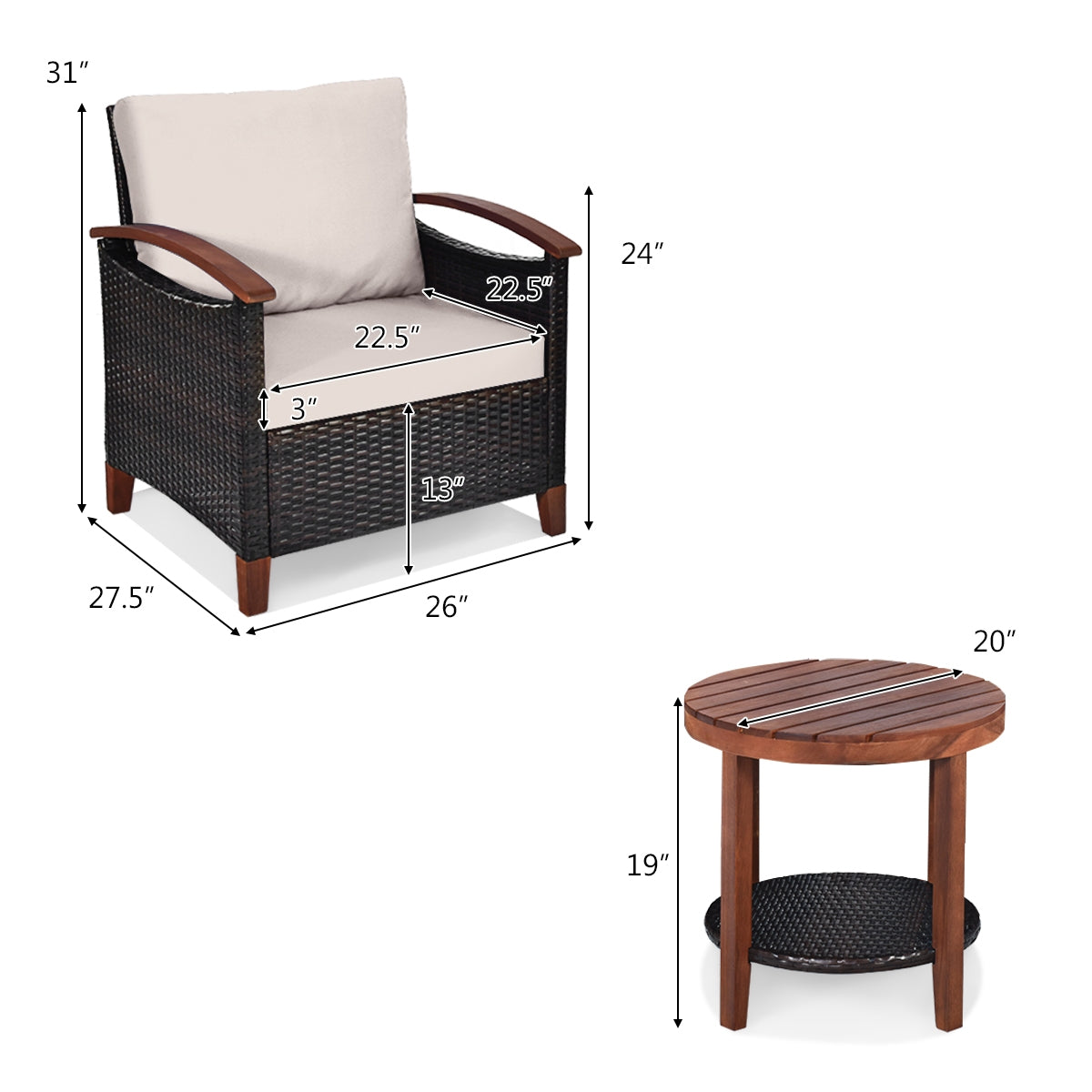 3 Pieces Patio Wicker Furniture Set Acacia Wood Tabletop-fully assembled beige or turquoise cushions