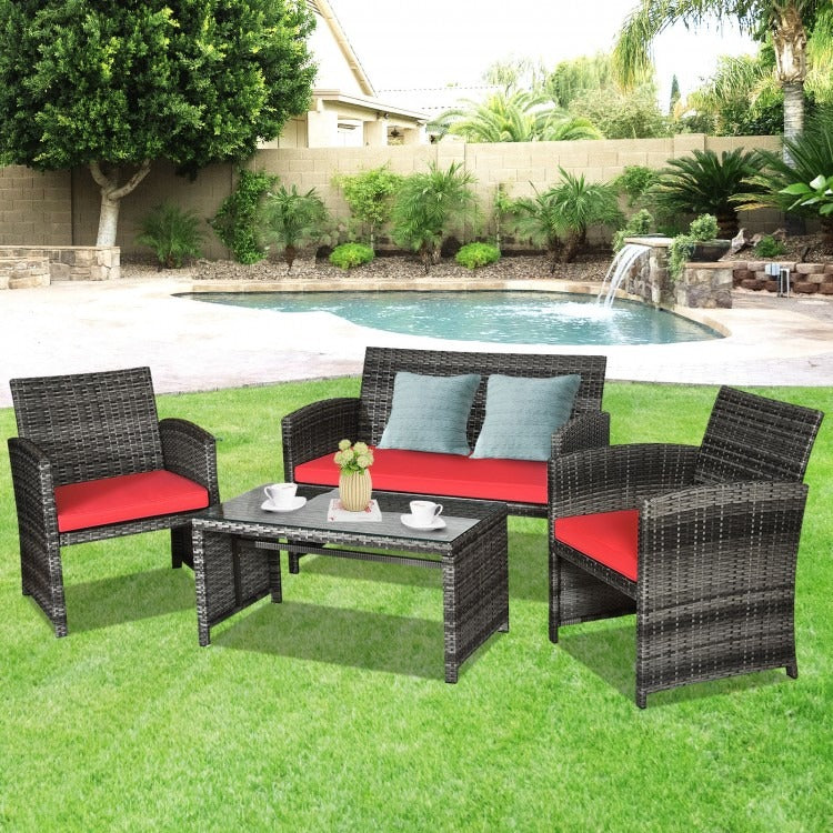 4 Pieces Patio Rattan Furniture Set with Glass Table and Loveseat, RED (fully assembled )