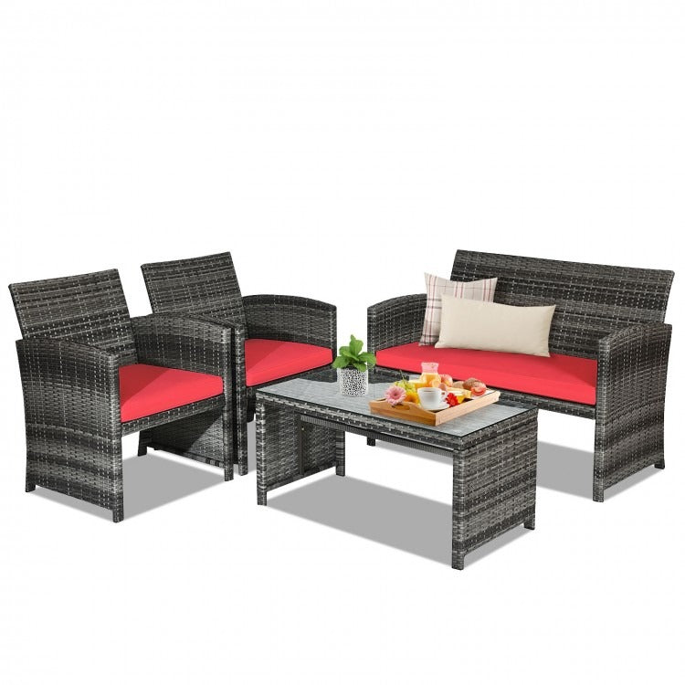 4 Pieces Patio Rattan Furniture Set with Glass Table and Loveseat, RED (fully assembled )