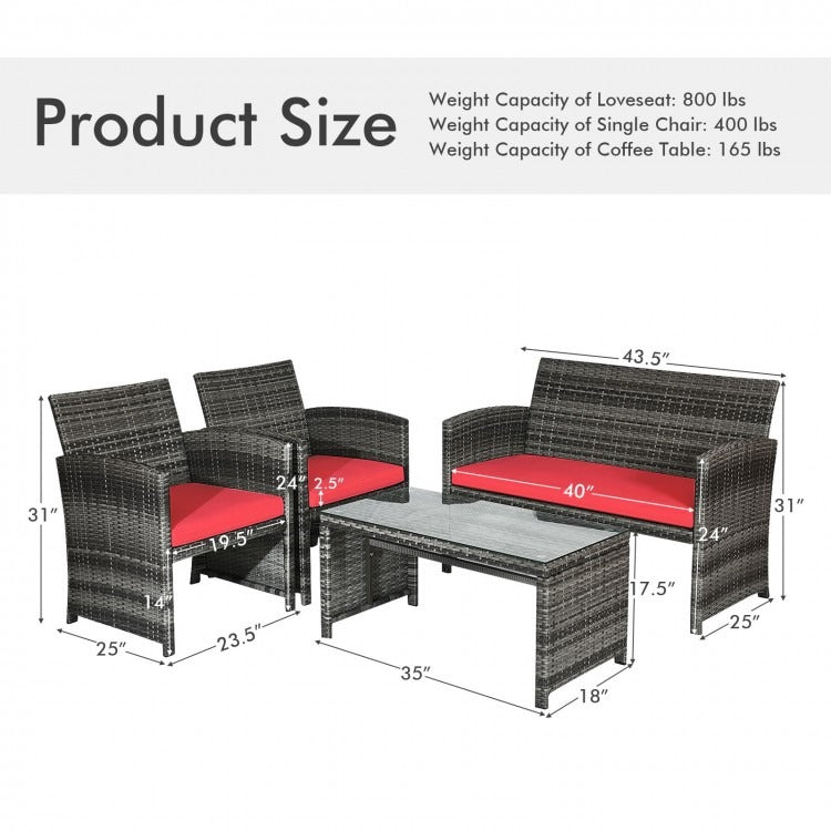 4 Pieces Patio Rattan Furniture Set with Glass Table and Loveseat, RED (fully assembled )