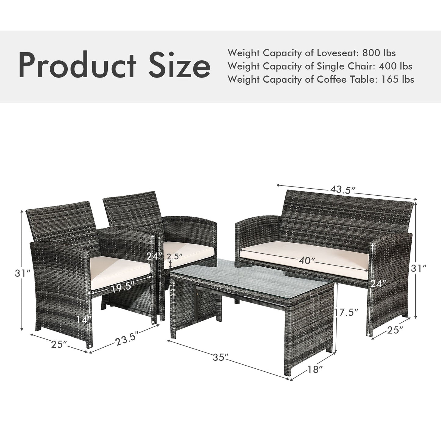 4 Pieces Patio Rattan Furniture Set with Glass Table and Loveseat -(Fully Assembled)