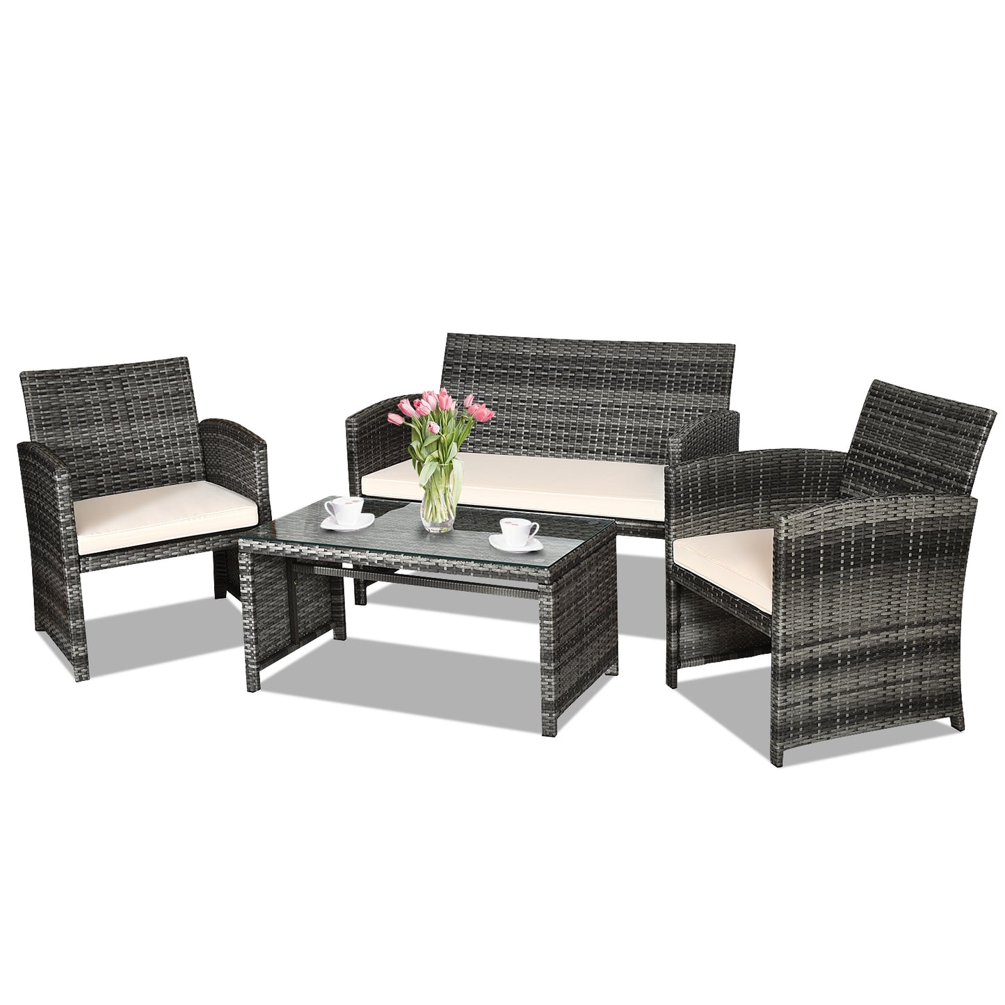 4 Pieces Patio Rattan Furniture Set with Glass Table and Loveseat -(Fully Assembled)