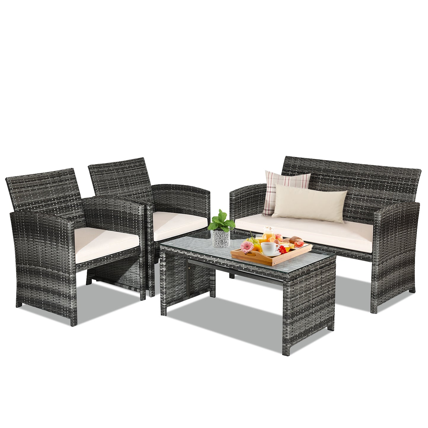 4 Pieces Patio Rattan Furniture Set with Glass Table and Loveseat -(Fully Assembled)
