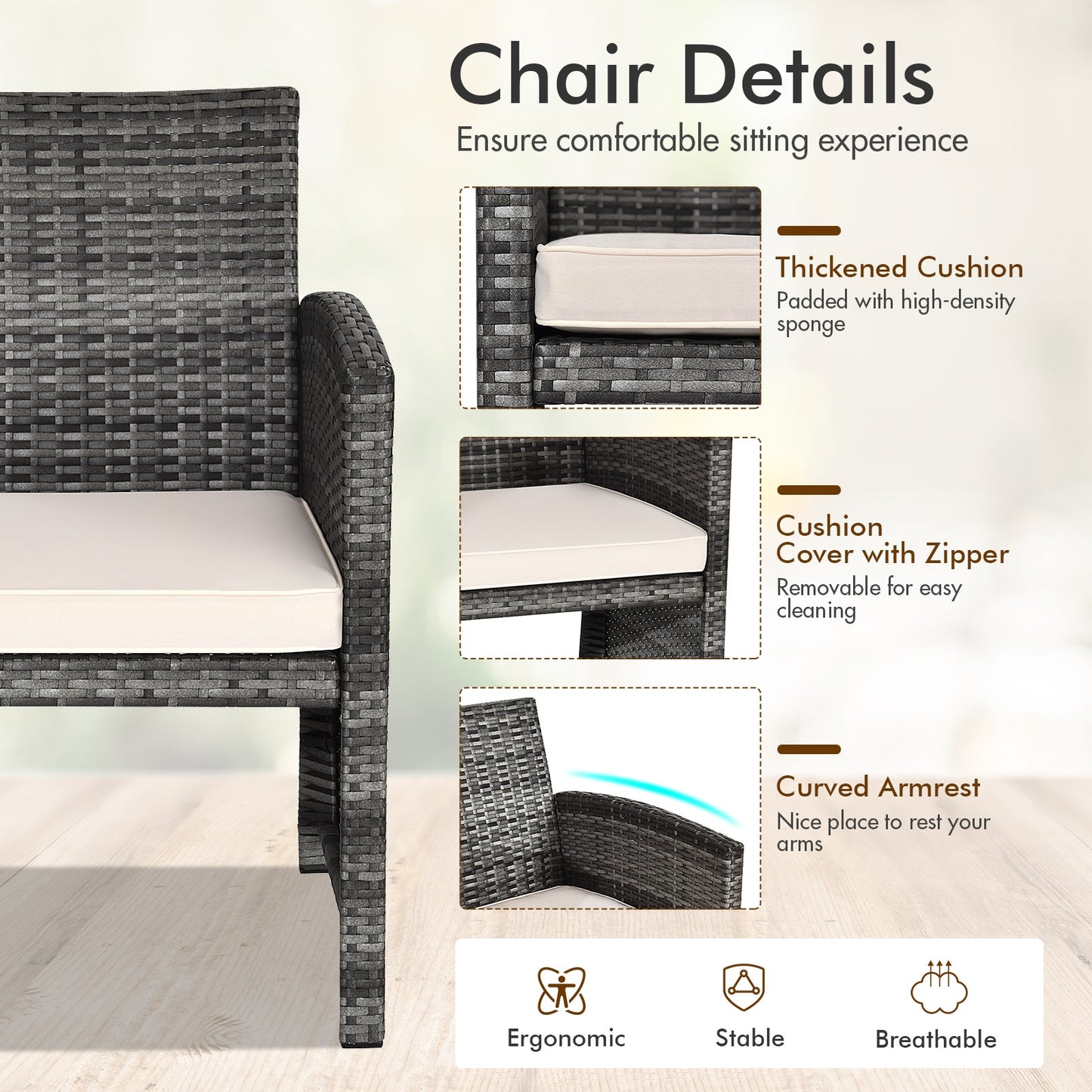 4 Pieces Patio Rattan Furniture Set with Glass Table and Loveseat -(Fully Assembled)