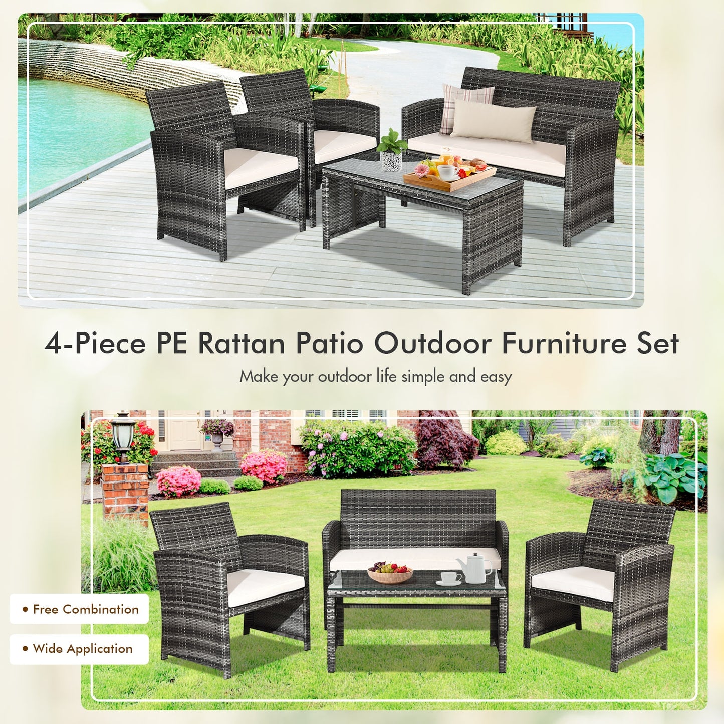 4 Pieces Patio Rattan Furniture Set with Glass Table and Loveseat -(Fully Assembled)