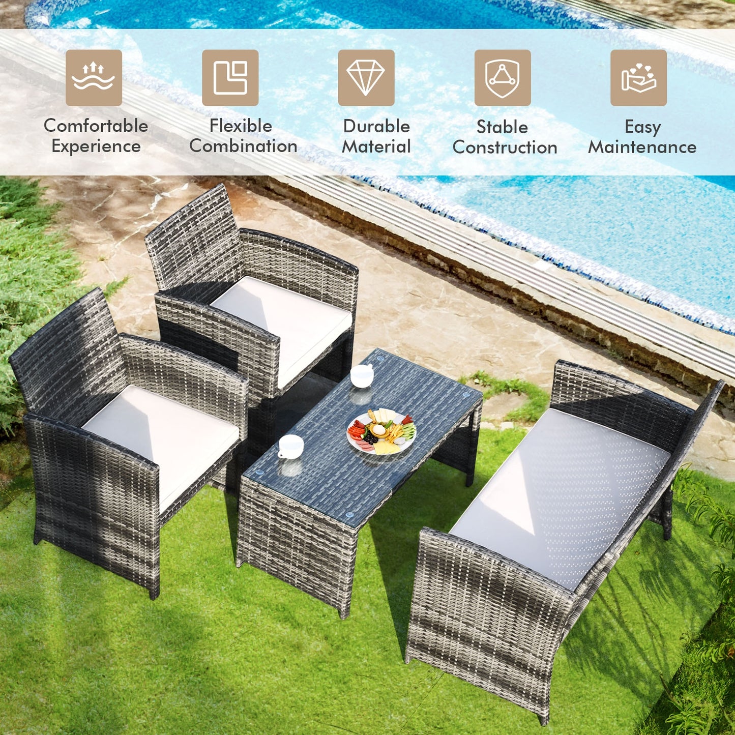 4 Pieces Patio Rattan Furniture Set with Glass Table and Loveseat -(Fully Assembled)