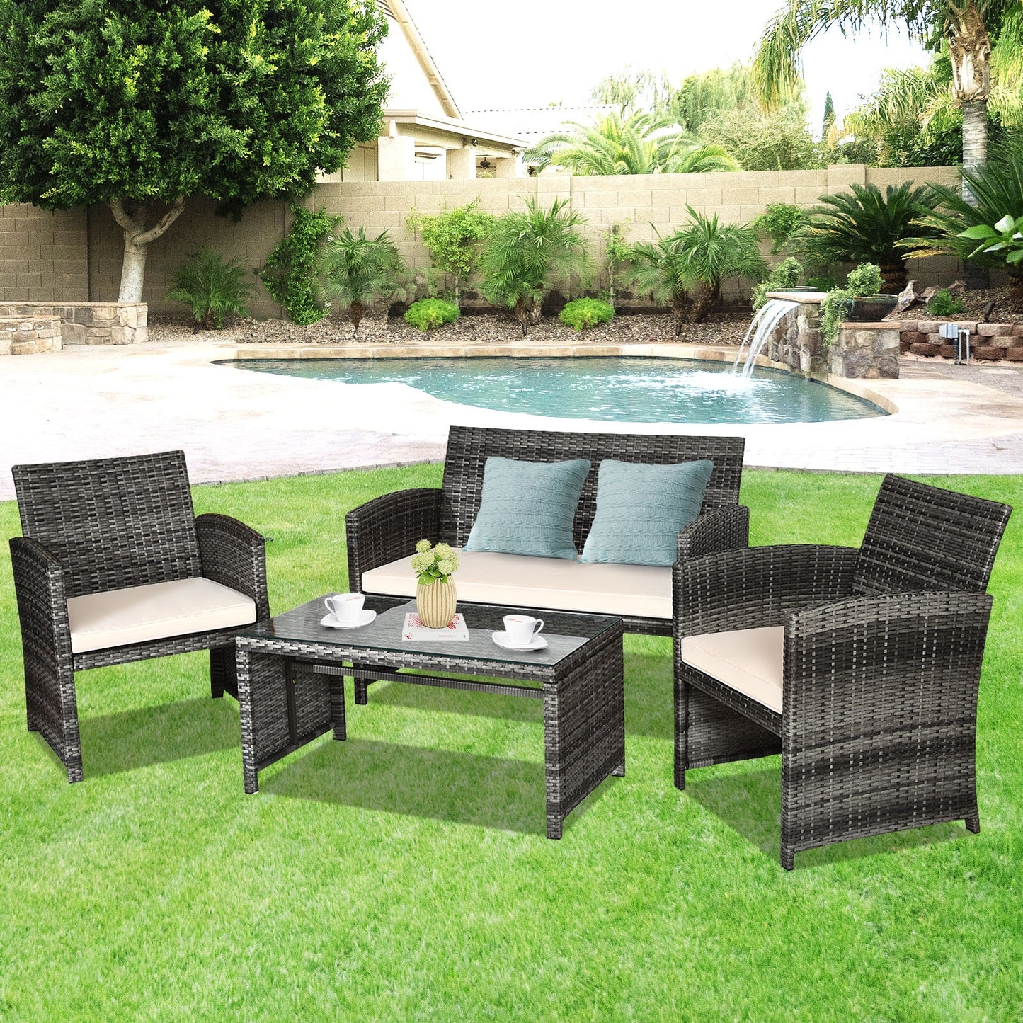 4 Pieces Patio Rattan Furniture Set with Glass Table and Loveseat -(Fully Assembled)