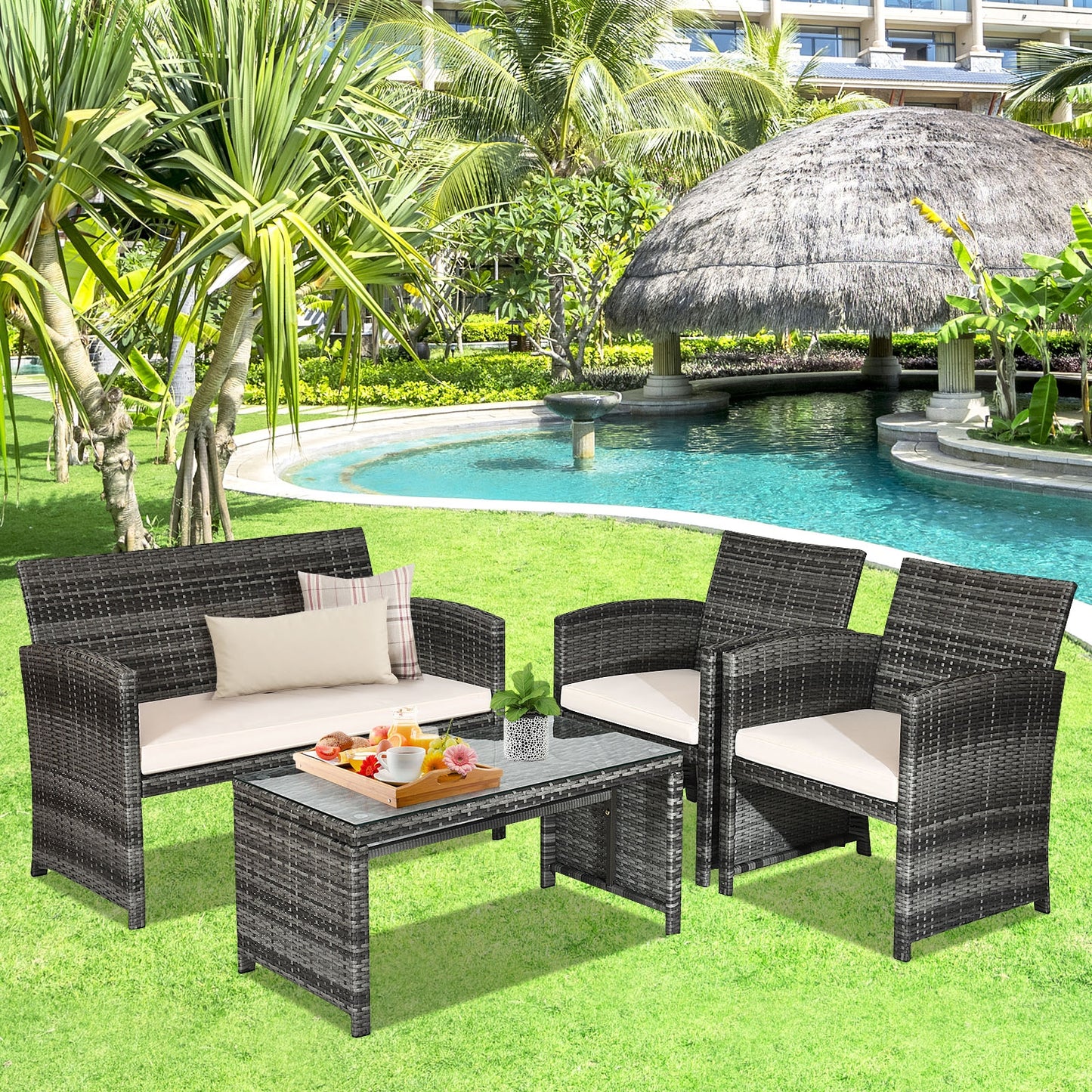 4 Pieces Patio Rattan Furniture Set with Glass Table and Loveseat -(Fully Assembled)