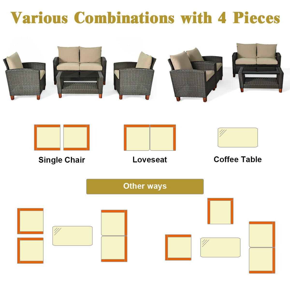 SPECIAL - 4 Pieces Patio Rattan Furniture Set with Cushions, Tan, Fully Assembled