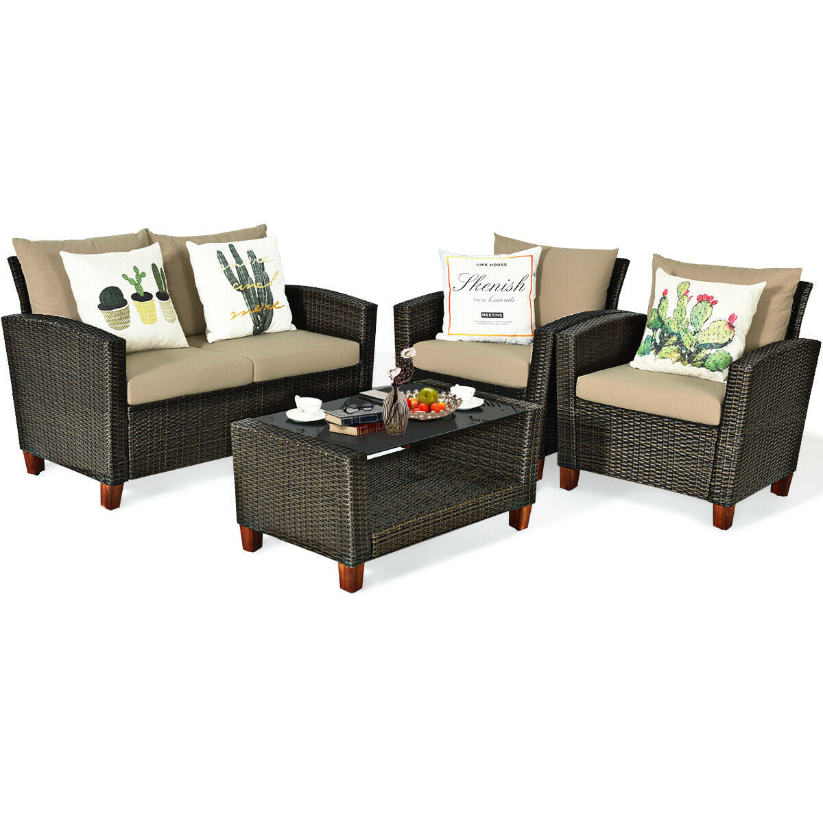 SPECIAL - 4 Pieces Patio Rattan Furniture Set with Cushions, Tan, Fully Assembled