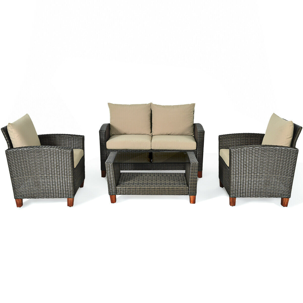 SPECIAL - 4 Pieces Patio Rattan Furniture Set with Cushions, Tan, Fully Assembled
