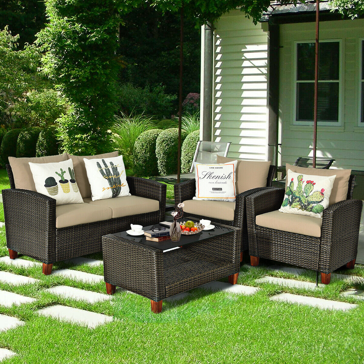 SPECIAL - 4 Pieces Patio Rattan Furniture Set with Cushions, Tan, Fully Assembled