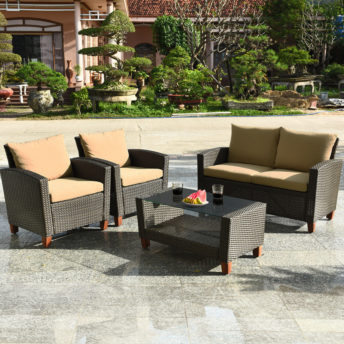 SPECIAL - 4 Pieces Patio Rattan Furniture Set with Cushions, Tan, Fully Assembled