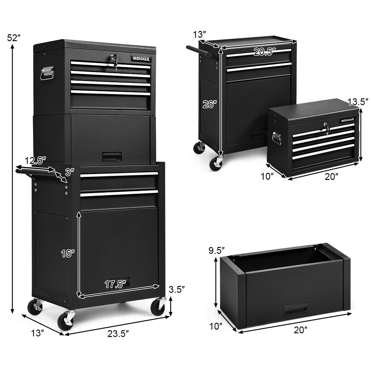 Tool Chest with Heightening Cabinet-Black, Fully Assembled (Damaged in Shipping)