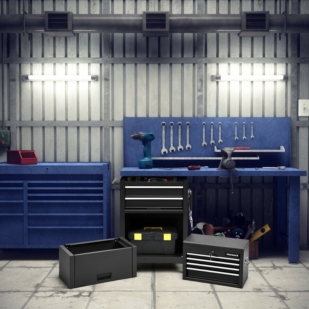 Tool Chest with Heightening Cabinet-Black, Fully Assembled (Damaged in Shipping)
