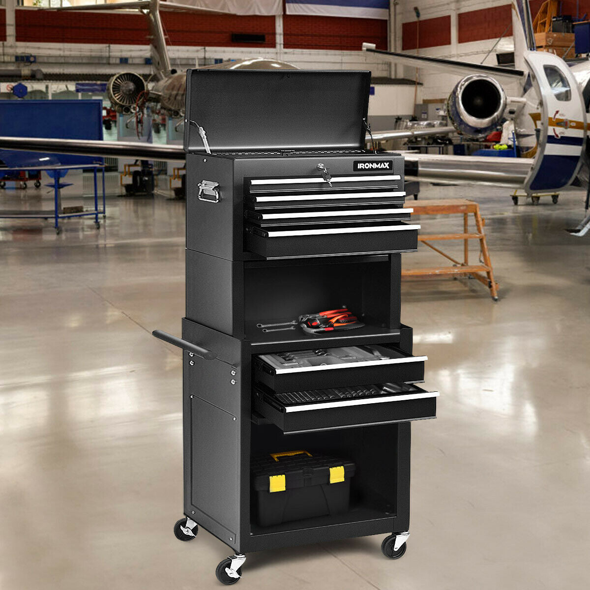 Tool Chest with Heightening Cabinet-Black, Fully Assembled (Damaged in Shipping)
