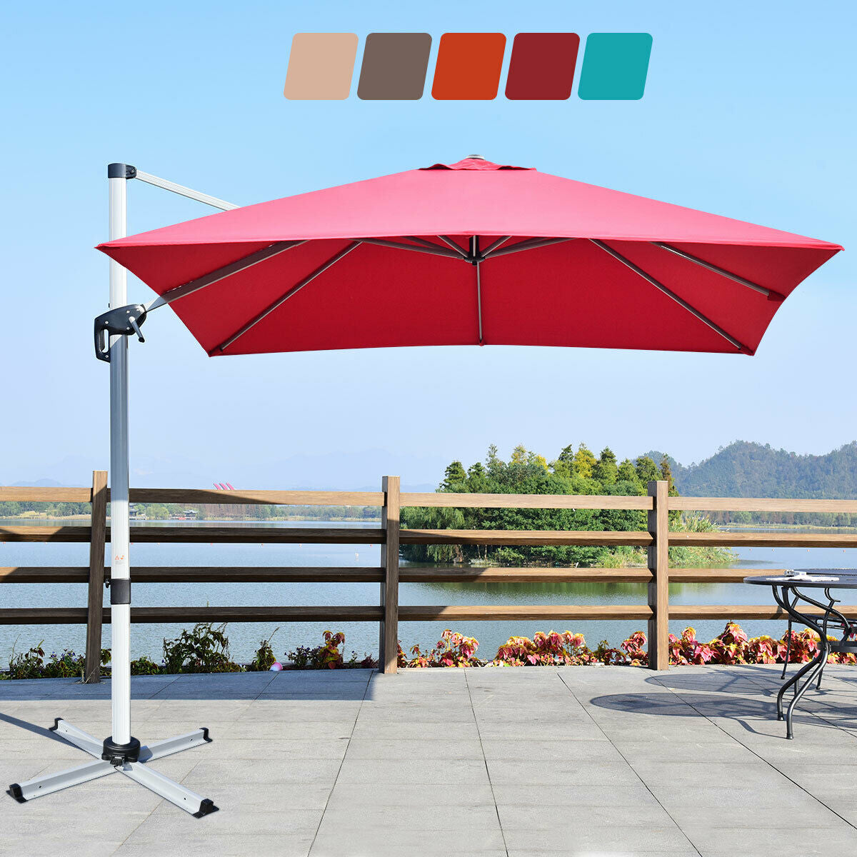 10 ft 360 Degree Tilt Aluminum Square Patio Offset Cantilever Umbrella without Weight Base-Burgundy