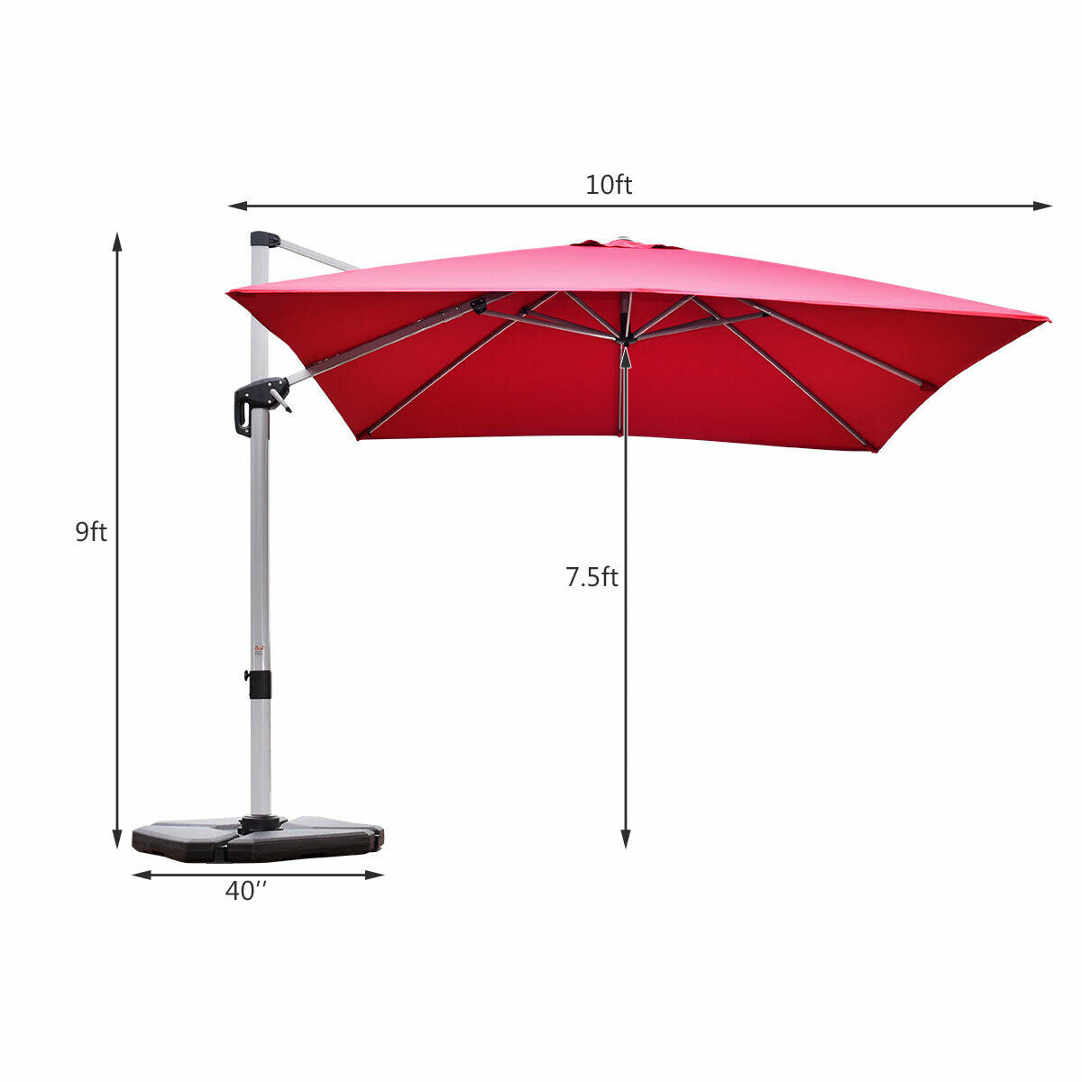 10 ft 360 Degree Tilt Aluminum Square Patio Offset Cantilever Umbrella without Weight Base-Burgundy