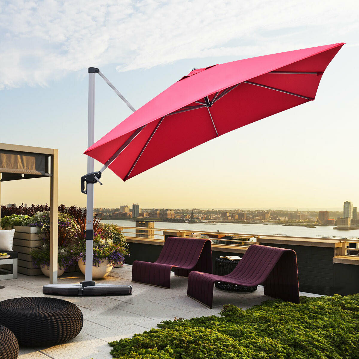 10 ft 360 Degree Tilt Aluminum Square Patio Offset Cantilever Umbrella without Weight Base-Burgundy