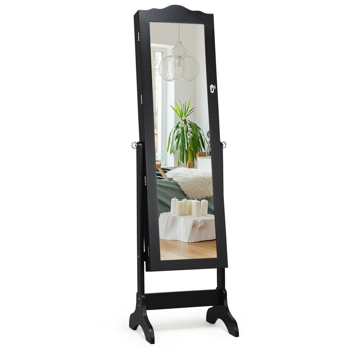 Mirrored Lockable Jewelry Cabinet Armoire Organizer Storage Box-Black (Scratch and Dent)