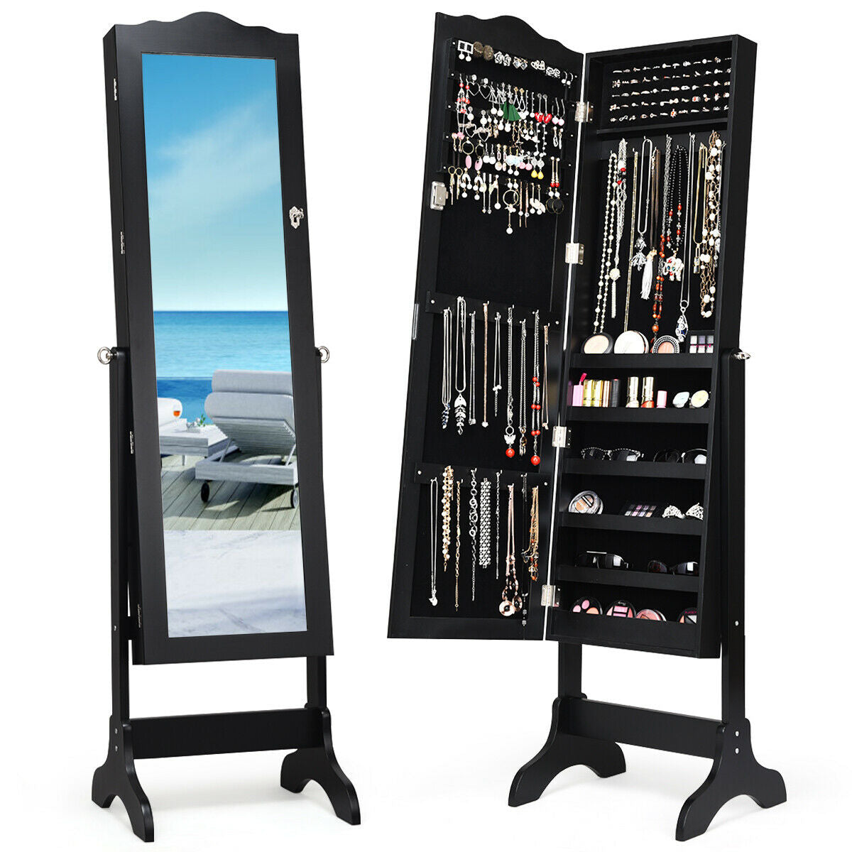 Mirrored Lockable Jewelry Cabinet Armoire Organizer Storage Box-Black (Scratch and Dent)