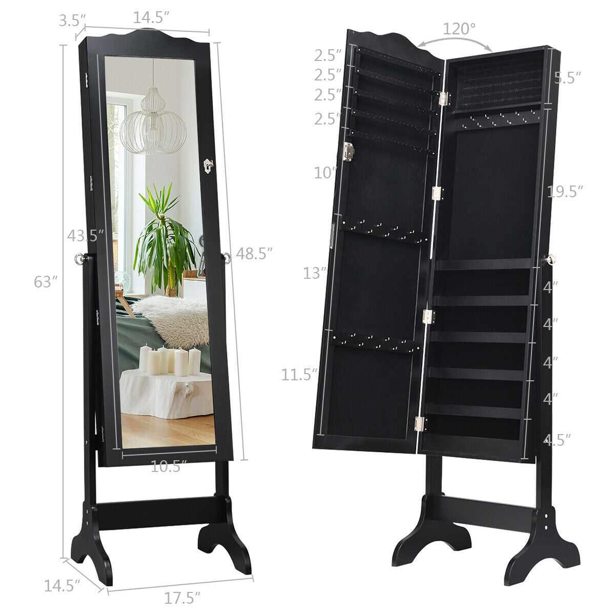 Mirrored Lockable Jewelry Cabinet Armoire Organizer Storage Box-Black (Scratch and Dent)
