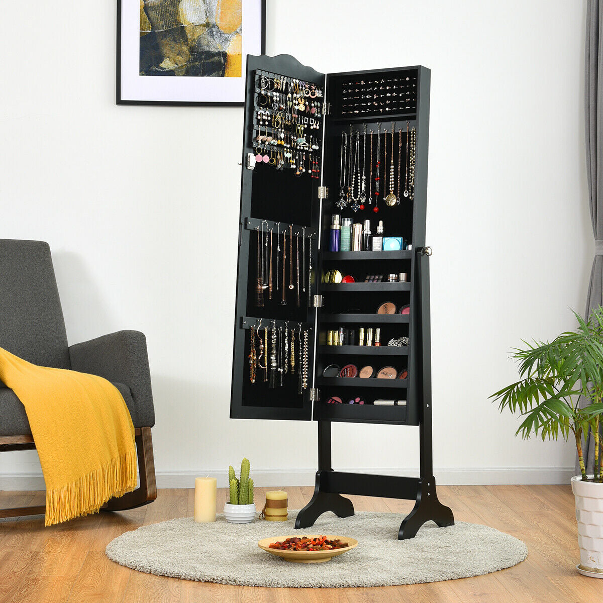 Mirrored Lockable Jewelry Cabinet Armoire Organizer Storage Box-Black (Scratch and Dent)