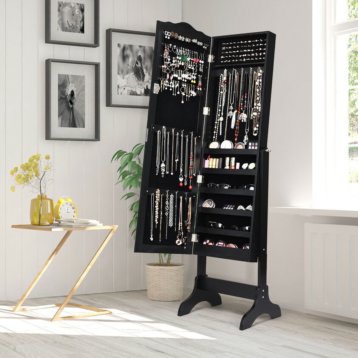 Mirrored Lockable Jewelry Cabinet Armoire Organizer Storage Box-Black (Scratch and Dent)