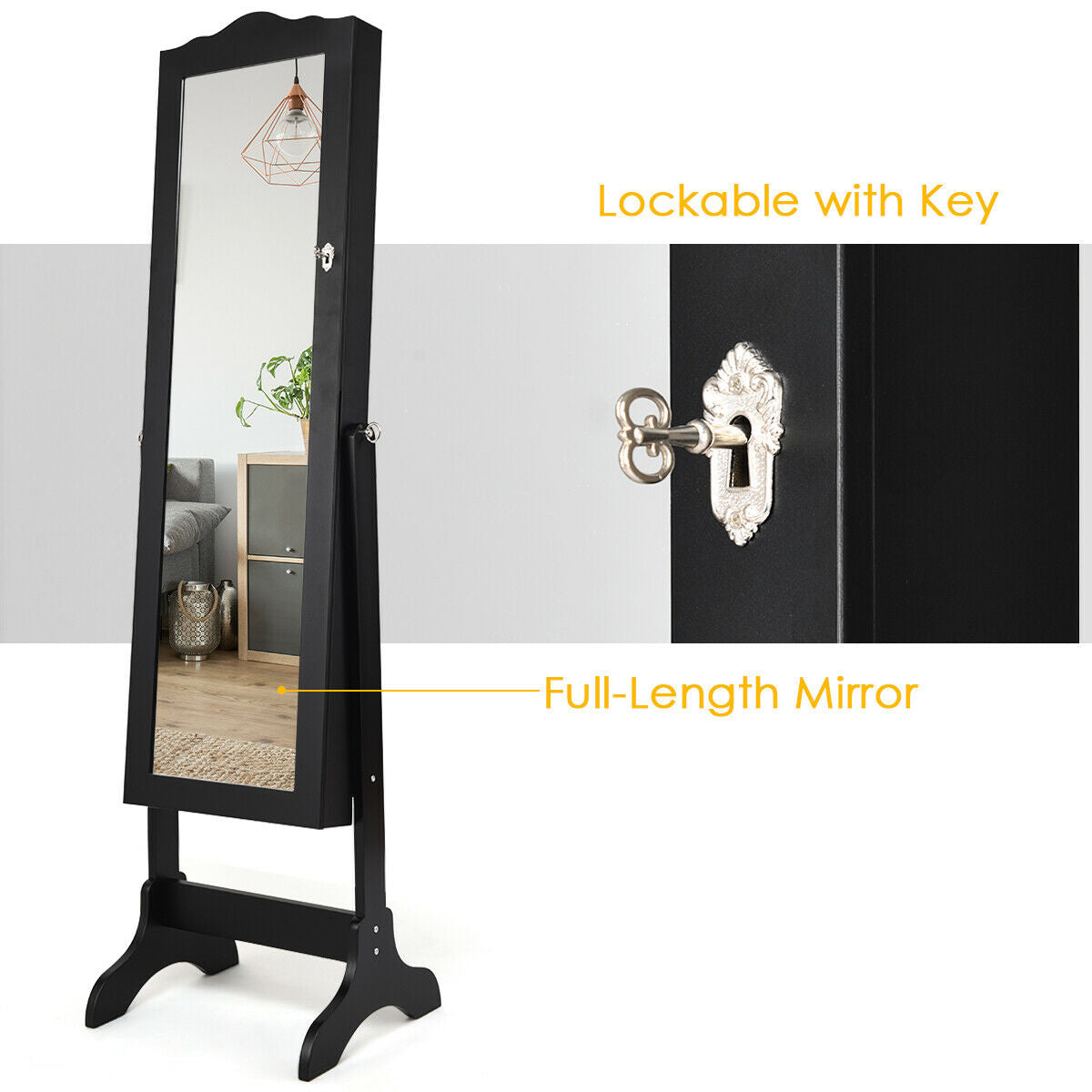 Mirrored Lockable Jewelry Cabinet Armoire Organizer Storage Box-Black (Scratch and Dent)