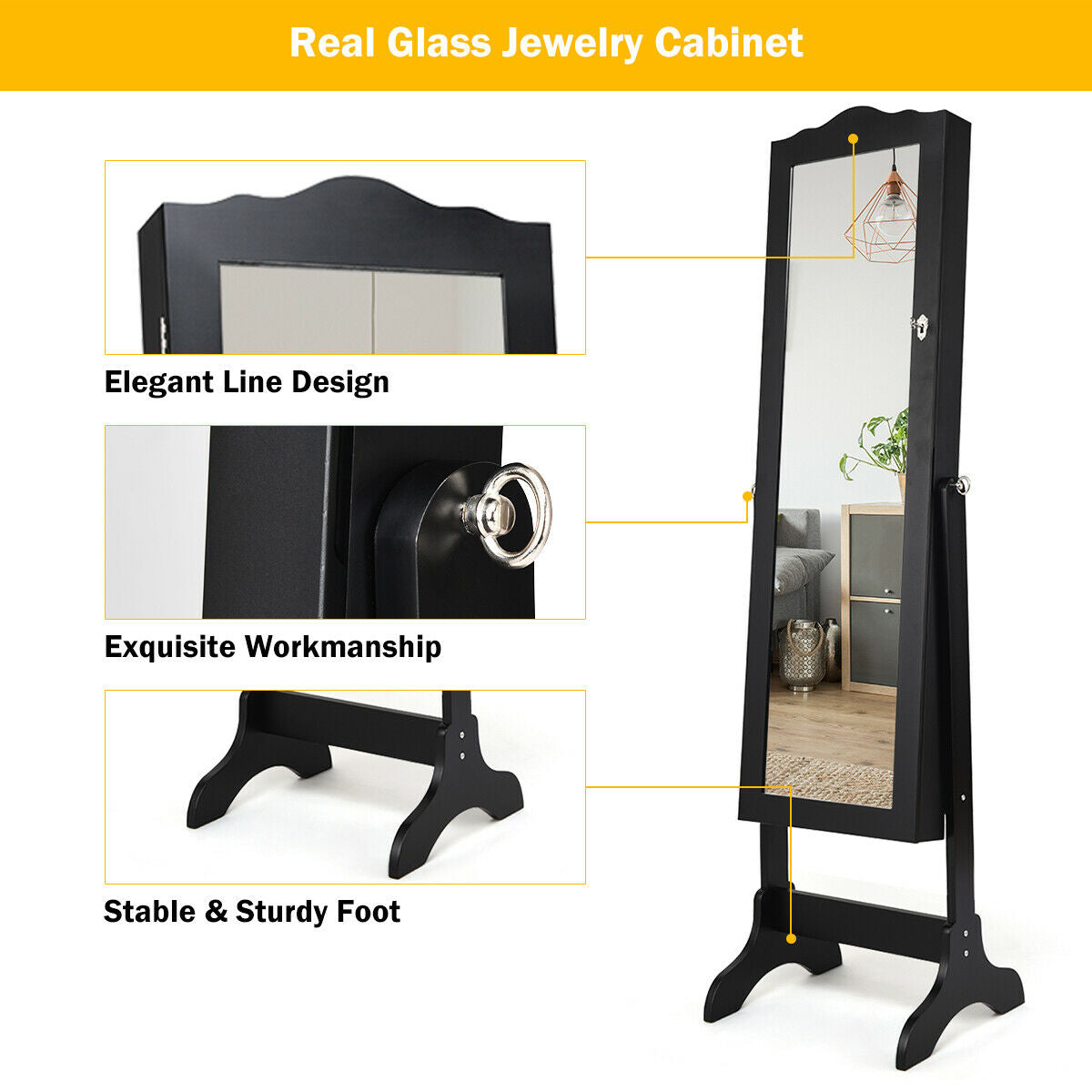 Mirrored Lockable Jewelry Cabinet Armoire Organizer Storage Box-Black (Scratch and Dent)