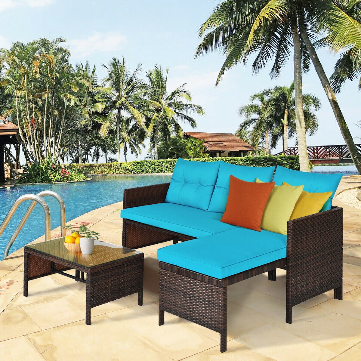 Outdoor Patio Wicker Rattan Sofa Set-Turquoise (Fully Assembled)