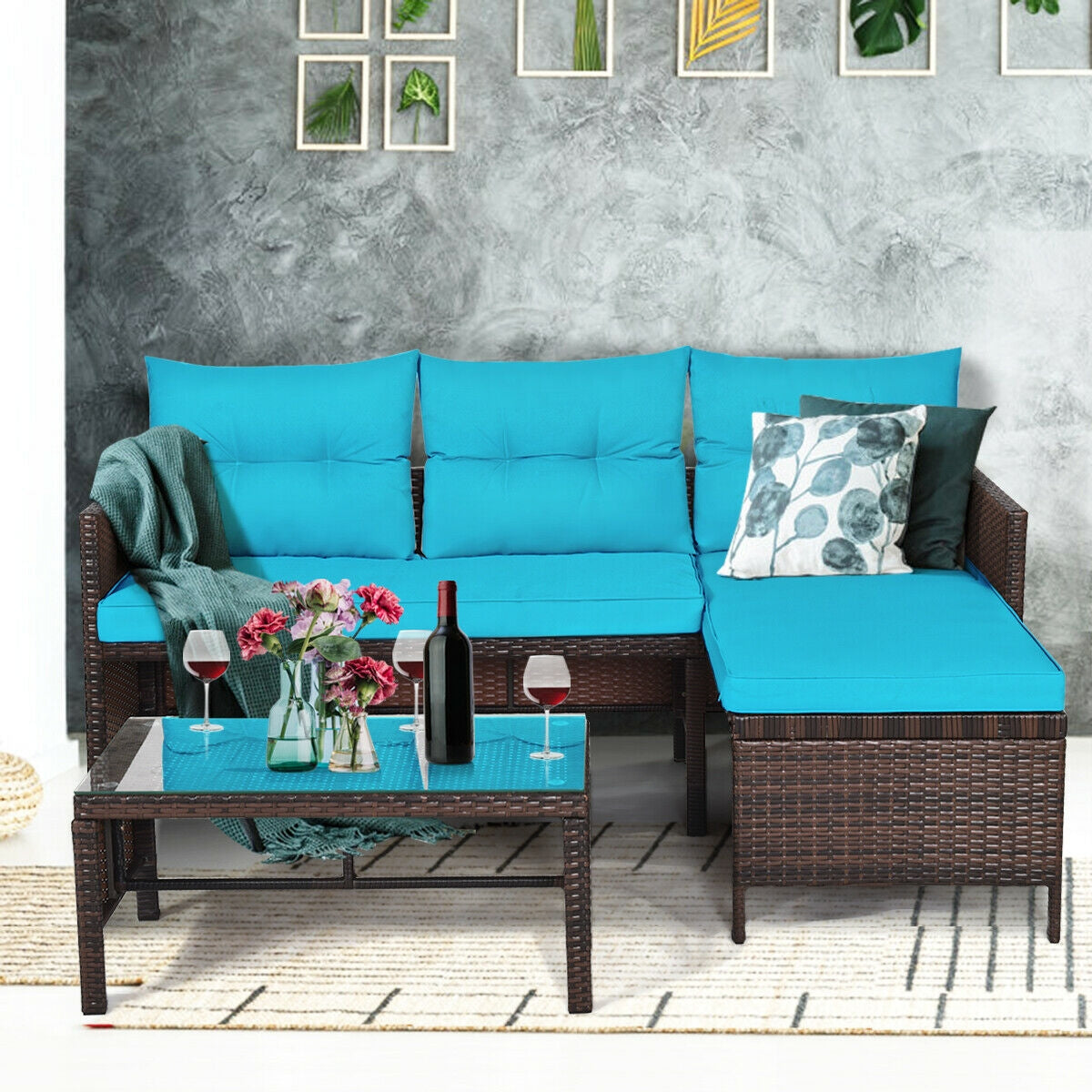 Outdoor Patio Wicker Rattan Sofa Set-Turquoise (Fully Assembled)