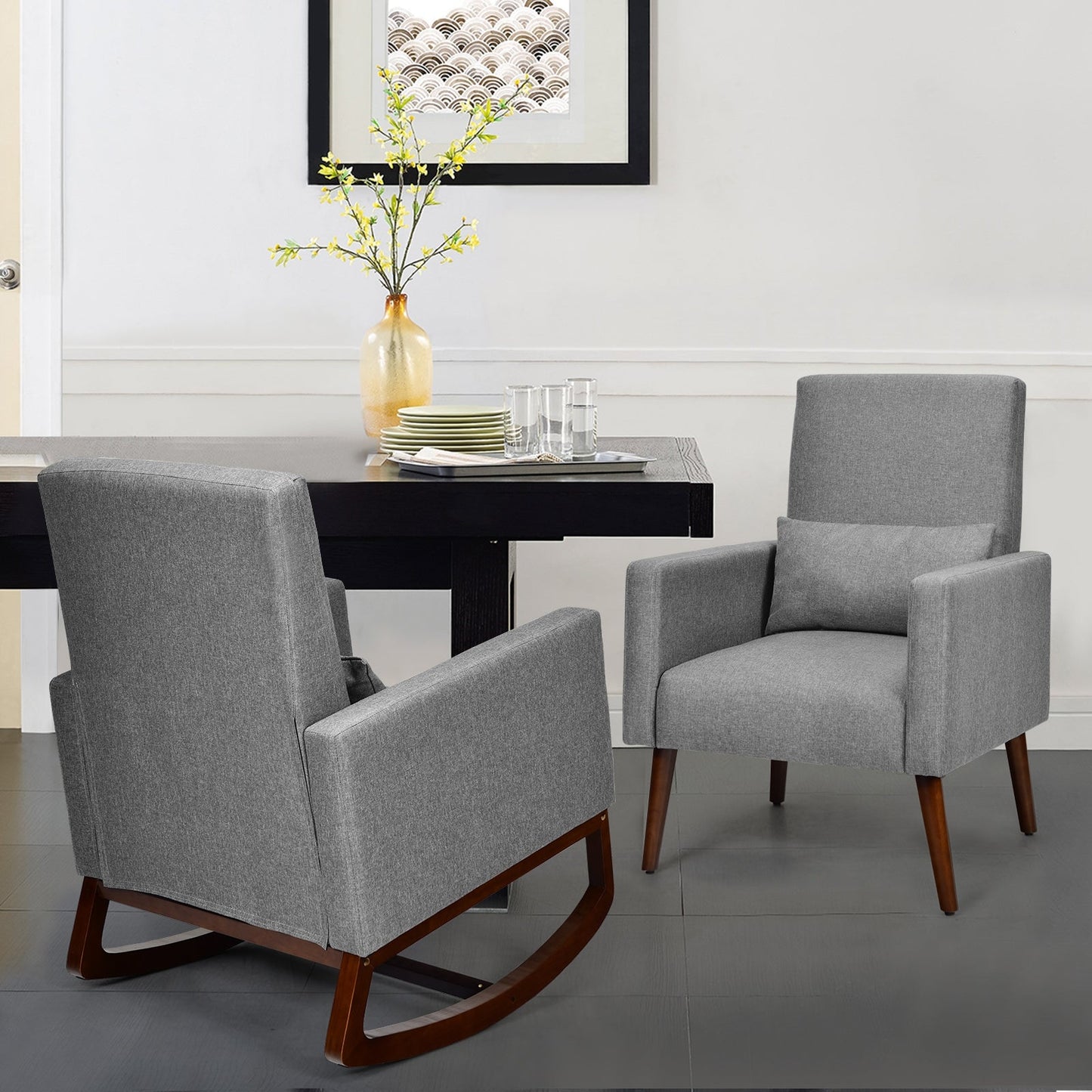 2-in-1 Fabric Upholstered Rocking Chair with Pillow-Gray, c/w Legs for Optional setup