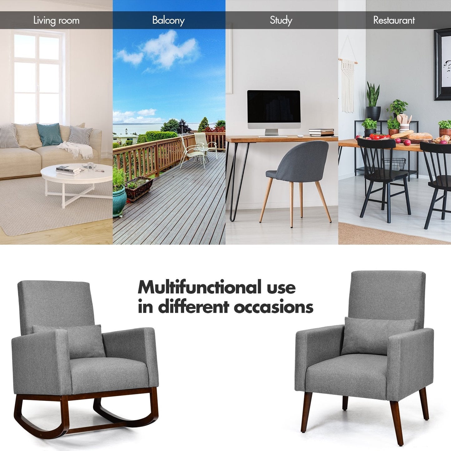 2-in-1 Fabric Upholstered Rocking Chair with Pillow-Gray, c/w Legs for Optional setup