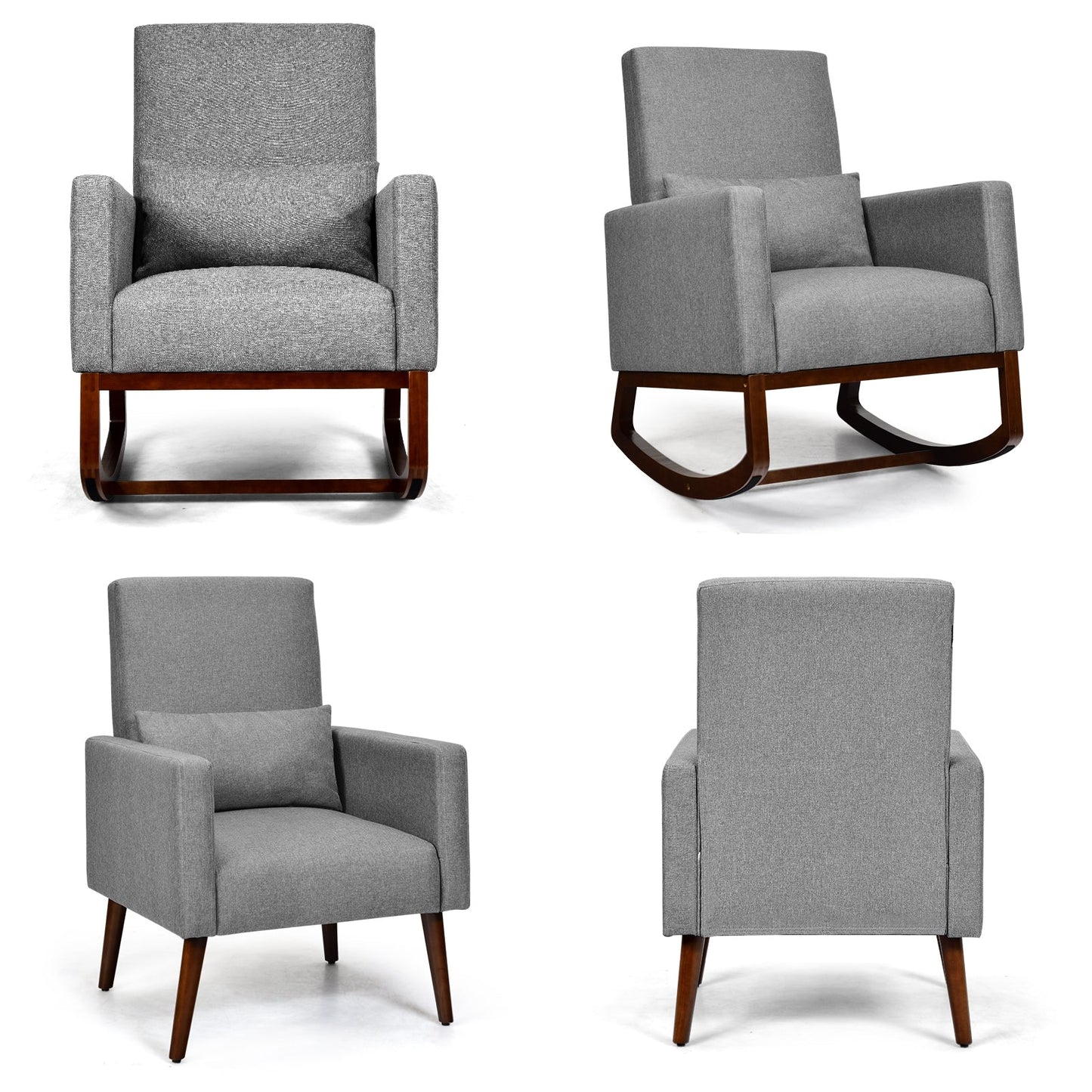 2-in-1 Fabric Upholstered Rocking Chair with Pillow-Gray, c/w Legs for Optional setup