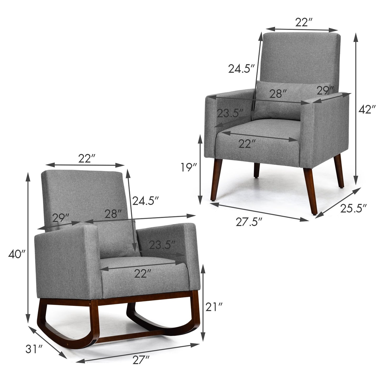 2-in-1 Fabric Upholstered Rocking Chair with Pillow-Gray, c/w Legs for Optional setup