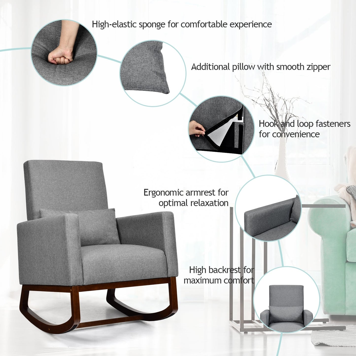 2-in-1 Fabric Upholstered Rocking Chair with Pillow-Gray, c/w Legs for Optional setup