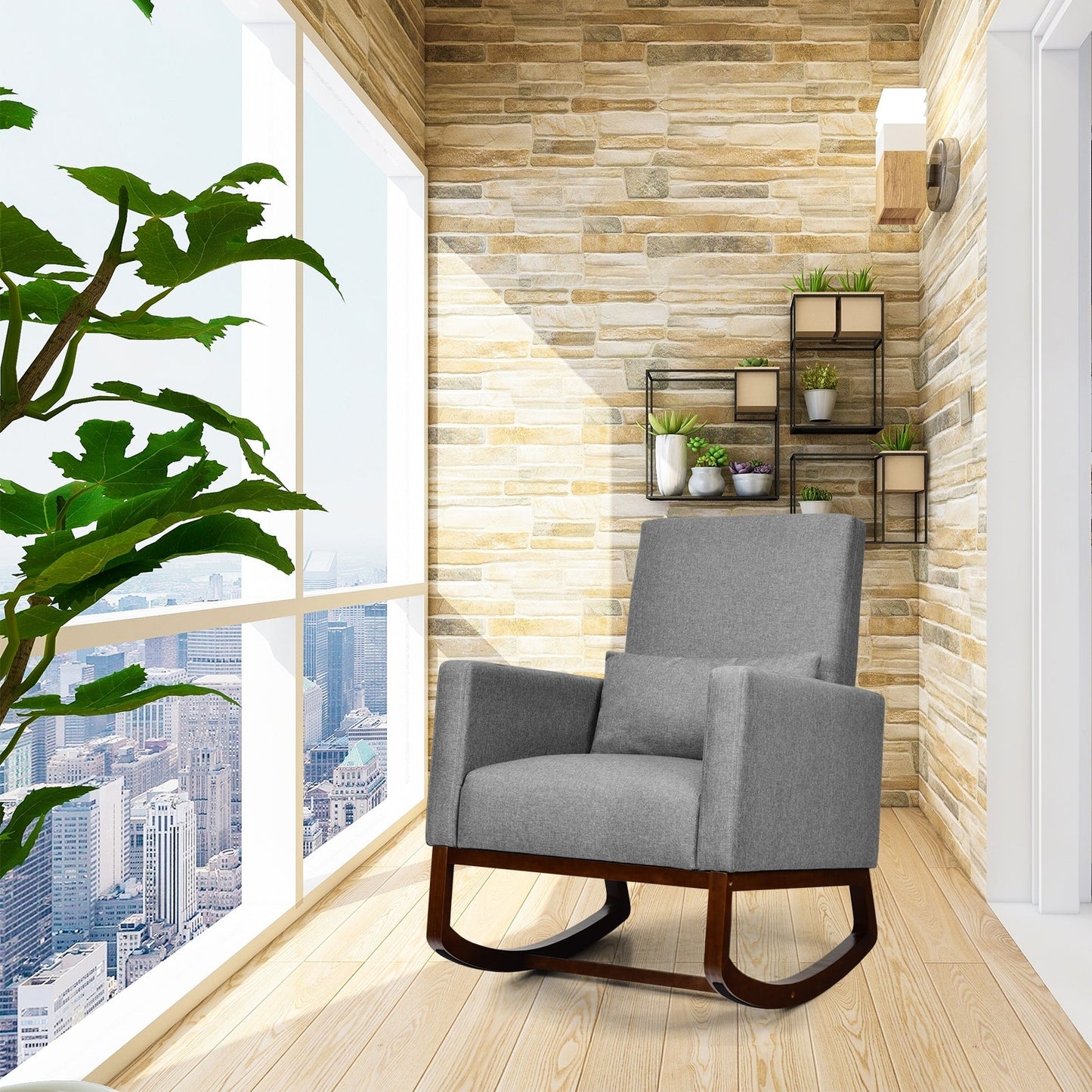 2-in-1 Fabric Upholstered Rocking Chair with Pillow-Gray, c/w Legs for Optional setup