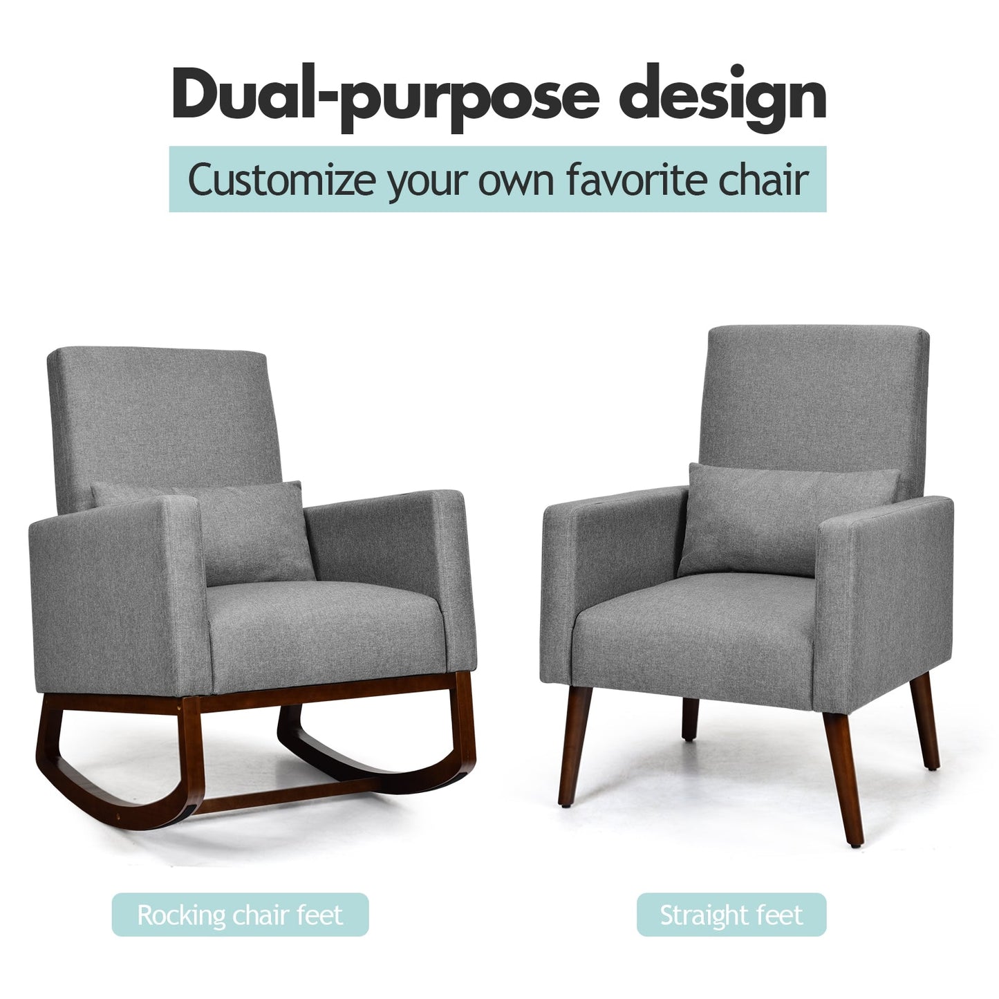 2-in-1 Fabric Upholstered Rocking Chair with Pillow-Gray, c/w Legs for Optional setup