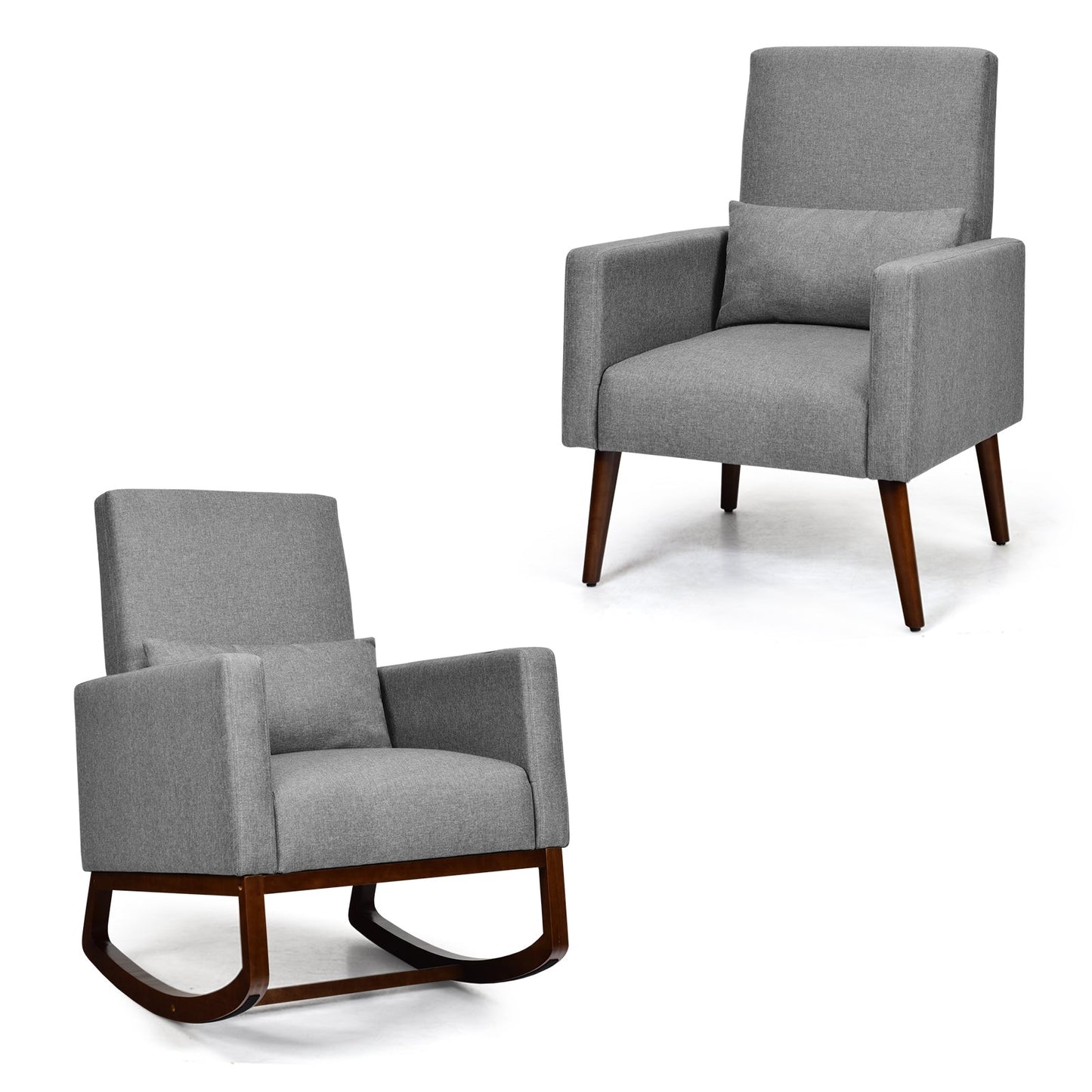 2-in-1 Fabric Upholstered Rocking Chair with Pillow-Gray, c/w Legs for Optional setup