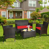 4 Pieces Comfortable Rattan Outdoor Conversation Furniture Set with Glass Table-Red (Unassembled)