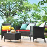 4 Pieces Comfortable Rattan Outdoor Conversation Furniture Set with Glass Table-Red (Unassembled)