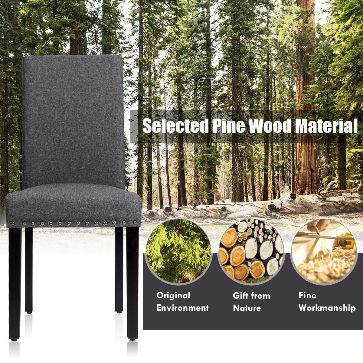 Set of 2 Fabric Upholstered Dining Chairs with Nailhead-Gray