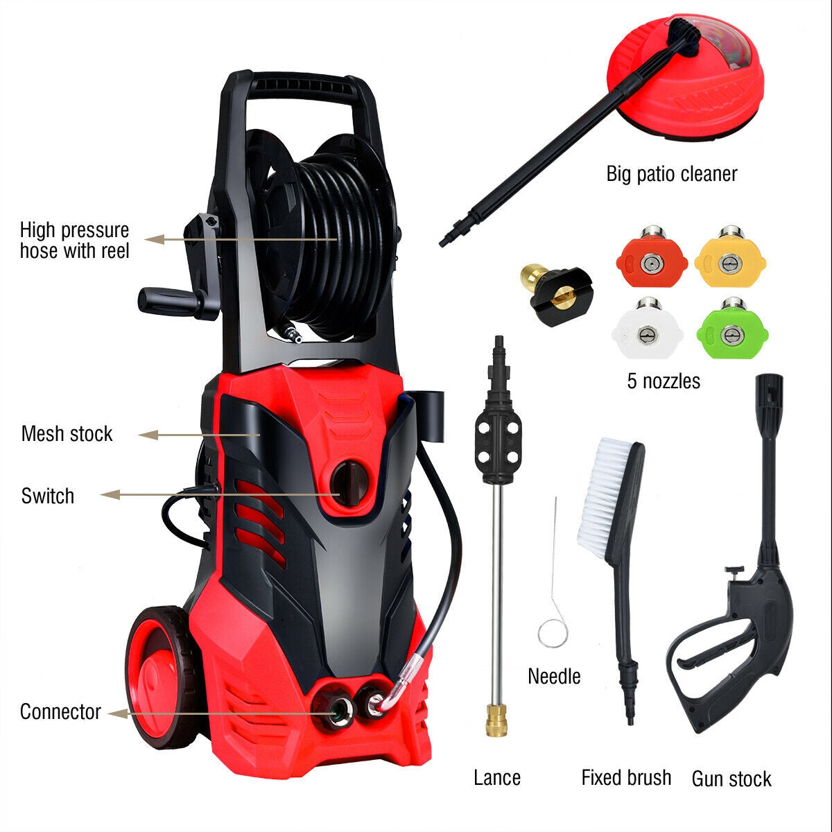 3000 PSI Electric High Pressure Washer With Patio/Deck Cleaner-Red, Tested